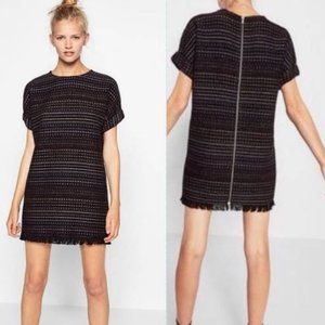 Zara Trafaluc Tweed Fringe Shift Dress Black Xs
